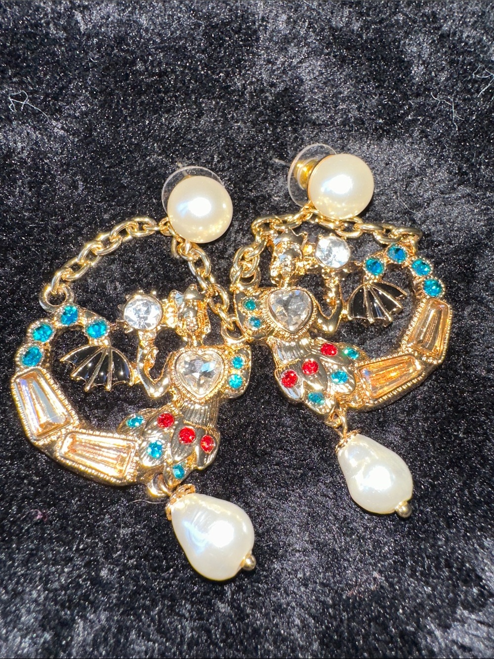 Kenneth Jay Lane Gold-tone Multicolor Mermaid Drop Earrings with Pearl Drops